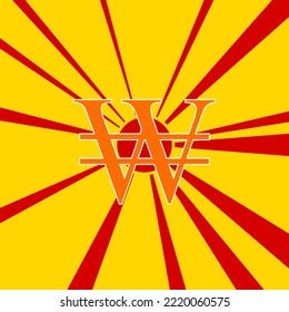 Koreanisch gewann Schild auf dem Hintergrund der roten Blitzexplosion Radiallinien. Das große orangefarbene Symbol befindet sich in der Mitte der Sonne und symbolisiert den Sonnenaufgang. Vektorgrafik auf gelbem Hintergrund