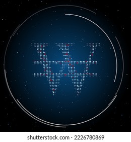 The Korean won symbol filled with white dots. Pointillism style. Some dots is red. Vector illustration on blue background with stars