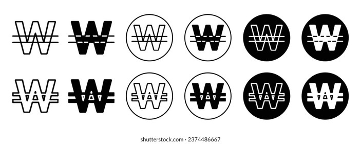 Korean won symbol icon. South Korea currency coin symbol set. Korean won coin or note vector sign. Won line logo