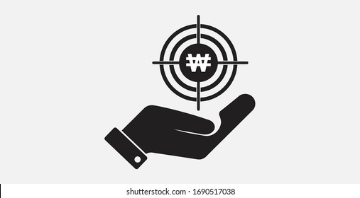 El coreano ganó en el icono objetivo con el símbolo de la mano. Icono de ilustración del vector. Icono simple. Icono de destino de inversión.