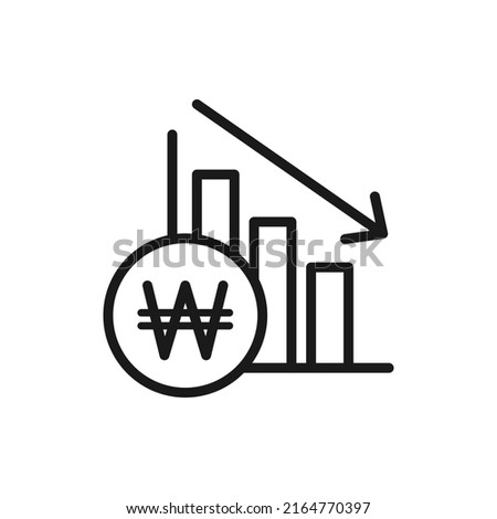Korean won value crashed. Currency crisis. Financial decrease, inflation icon line style isolated on white background. Vector illustration