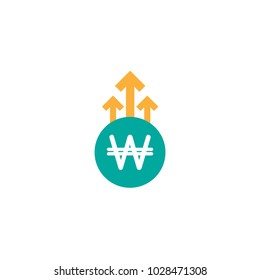 Korean Won vector icon. White sign in blue circle with three up arrows. Flat icon. Isolated on white. Economy, finance, money symbol. Currency pictogram. Vector illustration.