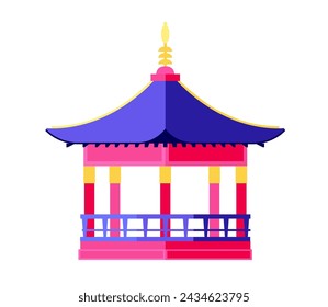 Korean wooden gazebo - modern flat design style single isolated image. Neat detailed illustration of classical building on pillars with a curved tiled roof. Asian architecture and tourism idea