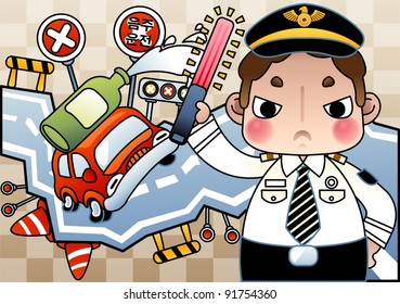 Korean Words : "Drink Driving" / Campaign for the prevention of Drink Driver with angry young police officer