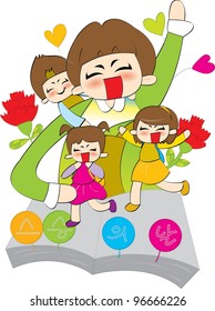 Korean Words : 'Teacher's Day' - Cute and Happy Smiling Young Children with red carnations and colorful heart pattern on white background