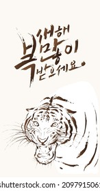 korean, written as 'Happy New Year'. New Year's card. Greeting cards.A roaring tiger.2022