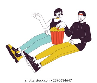 Korean young adult couple discussing movie 2D linear cartoon characters. Boyfriend girlfriend watching movie together isolated line vector people white background. Color flat spot illustration