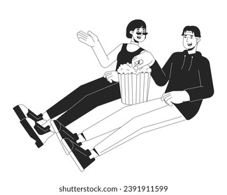 Korean young adult couple discussing movie black and white 2D line cartoon characters. Boyfriend girlfriend watching movie together isolated vector outline people. Monochromatic flat spot illustration