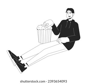 Korean young adult man taking popcorn from bucket black and white 2D line cartoon character. Asian boy grabbing popcorn isolated vector outline person. Movie night monochromatic flat spot illustration