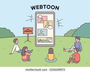 Koreans are enjoying webtoons on their mobile devices. A lot of people are sitting around a big smartphone and there are comic pages on the screen.