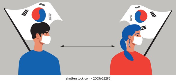 Koreans with the flag of South Korea, lockdown in Korea. Flat vector stock illustration. Social distance of Koreans. People in face masks. Pandemic in the country. Vector graphics