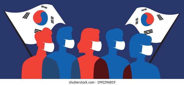 Koreans wearing face masks with South Korean flags. Silhouette vector stock illustration. Medical mask at lockdown. People against coronavirus in Korea. Color illustration