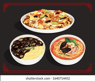 Korean-style Chinese cuisine, Janjangmyeon, jjamppong, sweet and sour pork vector illustration.