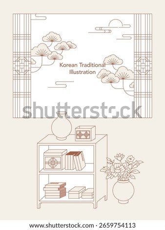 Korean-style interior with bookshelf, vase, and a view of nature through traditional windows