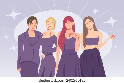 Korea's K-pop idol culture. flat design style vector illustration. A group of female idols. Elegants girls. Kpop girl group elegant concept cartoon.