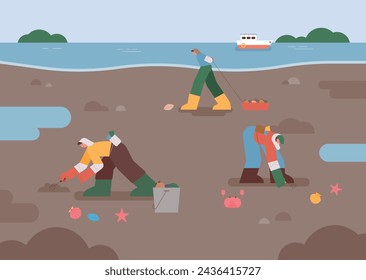 Korea's mud flat background. Fishermen are wearing work clothes and bending over to dig up clams. svg