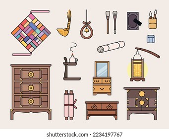 Korea's old antique furniture and various daily necessities. And lucky things. outline simple vector illustration.