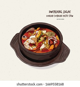 Korea's representative food,Soybean Paste Stew(doenjang jjigae) , hand draw sketch vector.