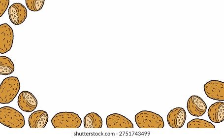 Korokke background Pattern. Japanese Croquette Illustration. Handdrawn Fried Snack. Repeating Streetfood Background. Decorative Food Packaging Design.