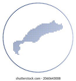 Insignia digital de Kos. Mapa de estilo punteado de Kos en círculo. Icono tecnológico de la isla con puntos degradados. Ilustración vectorial creativa.