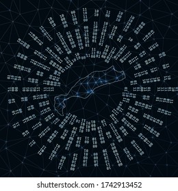 Kos digital map. Binary rays radiating around glowing island. Internet connections and data exchange design. Vector illustration.