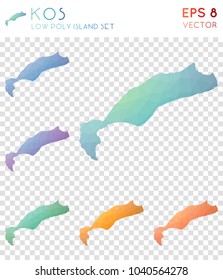 Kos geometric polygonal, mosaic style island maps collection. Alive low poly style, modern design for infographics or presentation.