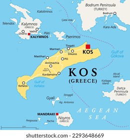 Kos, Greek island, political map. Also Cos, part of the Dodecanese Islands in the Aegean Sea, next to the Turkish Bodrum Peninsula. With Kalymnos, Nisyros, Pserimos, and smaller neighbouring islands.