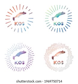 Kos low poly sunburst set. Logo of island in geometric polygonal style. Vector illustration.