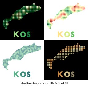Kos map. Collection of maps of Kos in dotted style. Borders of the island are filled with rectangles for your design. Vector illustration.