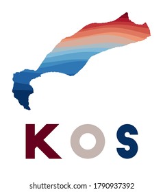 Kos map. Map of the island with beautiful geometric waves in red and blue colors. Vivid Kos shape. Vector illustration.