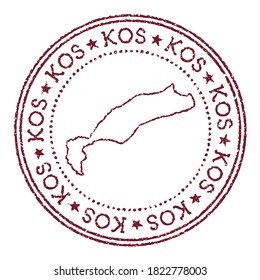 Kos round rubber stamp with island map. Vintage red passport stamp with circular text and stars, vector illustration.