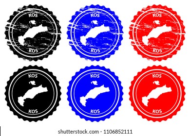 Kos - rubber stamp - vector, Kos island (Cos) map pattern - sticker - black, blue and red