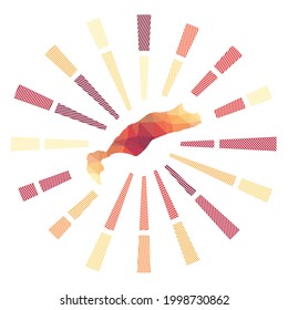 Kos sunburst. Low poly striped rays and map of the island. Captivating vector illustration.