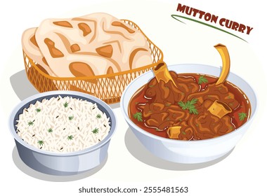 Kosha Mangsho or Spicy Mutton Curry Served with Zeera Rice and Rotis in Basket. Authentic Indian Lunch Detailed Illustration