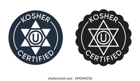 Kosher Certified label for jewish people recommended food products. Flat vector stamp in 2 options