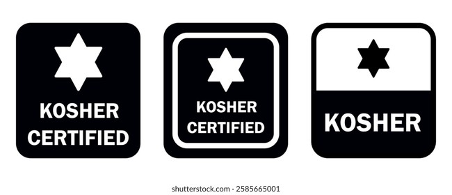 Kosher certified vector icon sign. Food stamp for Jewish products. Black and white square with star of david