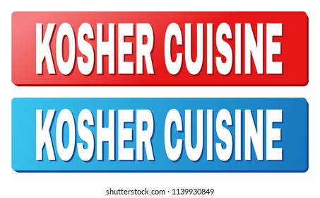 KOSHER CUISINE text on rounded rectangle buttons. Designed with white title with shadow and blue and red button colors.