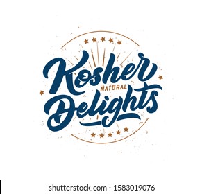 Kosher delights logo, stamp, lettering phrase. Vector illustration isolated. Handwritten composition for shop, market, restaurant, cafe menu, etc. Blue design for labels, badges, stickers. 