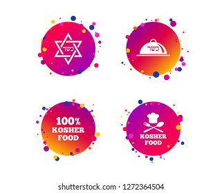Kosher food product icons. Chef hat with fork and spoon sign. Star of David. Natural food symbols. Gradient circle buttons with icons. Random dots design. Vector