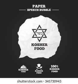 Kosher food product icons. Chef hat with fork and spoon sign. Star of David. Natural food symbols. Paper speech bubble with icon.