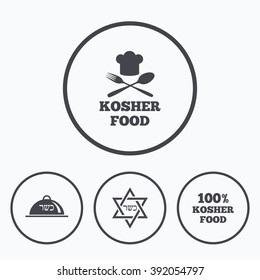 Kosher food product icons. Chef hat with fork and spoon sign. Star of David. Natural food symbols. Icons in circles.