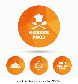 Kosher food product icons. Chef hat with fork and spoon sign. Star of David. Natural food symbols. Triangular low poly buttons with shadow. Vector