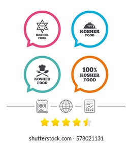 Kosher food product icons. Chef hat with fork and spoon sign. Star of David. Natural food symbols. Calendar, internet globe and report linear icons. Star vote ranking. Vector