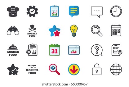 Kosher food product icons. Chef hat with fork and spoon sign. Star of David. Natural food symbols. Chat, Report and Calendar signs. Stars, Statistics and Download icons. Question, Clock and Globe