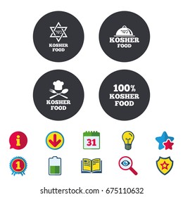 Kosher food product icons. Chef hat with fork and spoon sign. Star of David. Natural food symbols. Calendar, Information and Download signs. Stars, Award and Book icons. Light bulb, Shield and Search