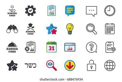 Kosher food product icons. Chef hat with fork and spoon sign. Star of David. Natural food symbols. Chat, Report and Calendar signs. Stars, Statistics and Download icons. Question, Clock and Globe