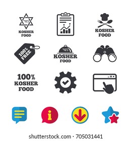 Kosher food product icons. Chef hat with fork and spoon sign. Star of David. Natural food symbols. Browser window, Report and Service signs. Binoculars, Information and Download icons. Stars and Chat