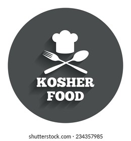 Kosher food product sign icon. Natural Jewish food with chef hat spoon and fork symbol. Gray flat button with shadow. Modern UI website navigation. Vector