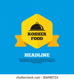 Kosher food product sign icon. Natural Jewish food with platter serving symbol. Yellow label tag. Circles seamless pattern on back. Vector