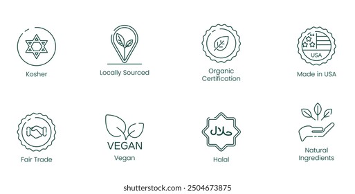 Kosher, de origen local, certificado orgánico, hecho en EE.UU., comercio justo, vegano, halal, e ingredientes naturales conjunto de iconos de Ilustración vectorial